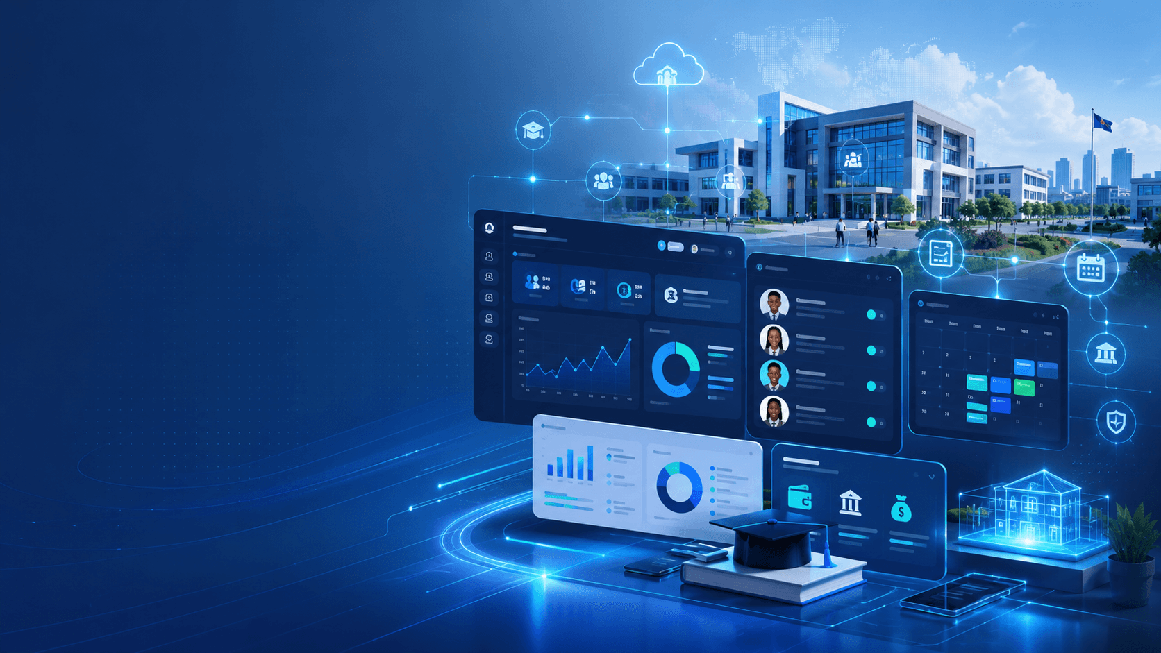 Teqrutsys feature dashboard showing connected school, finance, attendance, and analytics workflows